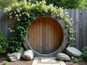 Zen Garden Wall - A weathered wooden fence with circular moon gate, adorned with climbing jasmine, creating a serene backdrop for simple stone arrangements