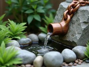 Zen Rain Chain Feature - Detailed view of a copper rain chain (kusari-doi) directing water into a stone basin surrounded by river rocks and small ferns in a front yard corner