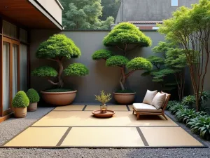 Zen Reading Nook - Wide shot of a small outdoor reading area with tatami-style mat, surrounded by potted cloud-pruned junipers and a small gravel garden