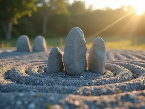 Zen Rock Arrangement - Close-up of a carefully composed group of standing stones in varying heights, surrounded by concentric circles in raked gravel, early morning light