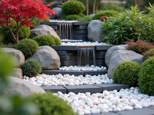 Zen Rock Waterfall - Close-up of dry waterfall design using vertical slate pieces and cascading white pebbles to create the illusion of flowing water, accented with small Japanese maples