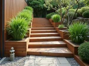 Zen Staircase Garden - Side view of narrow wooden stairs with integrated planters containing Japanese forest grass and small stone lanterns