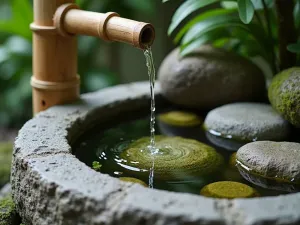 Zen Stone Basin - Close-up of a traditional stone water basin (tsukubai) with bamboo water spout and moss-covered rocks in a small corner setting