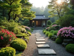 Zen Tea Garden - Wide view of a traditional tea garden path with stepping stones, leading to a simple tea house, bordered by azaleas and Japanese forest grass, early morning light