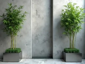 Zen Wall Feature - Close-up of a textured concrete wall with a thin water curtain, flanked by upright bamboo in modern metallic planters