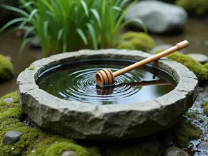 Zen Water Basin - Close-up of a traditional stone water basin (tsukubai) with bamboo dipper, surrounded by moss and small ornamental grasses