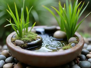 Zen Water Bowl Garden - Close-up detail of a ceramic bowl water feature surrounded by small stones and miniature rush plants, with rippling water effects