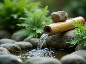 Zen Water Feature Detail - Close-up of a bamboo water spout trickling into a natural stone basin, surrounded by smooth river rocks and delicate ferns, creating a serene atmosphere