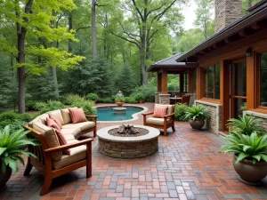 Arts and Crafts Brick Patio - Craftsman-style brick patio with a custom copper fire pit, Mission-style furniture, and native ferns in ceramic planters