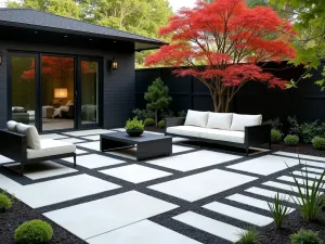 Black and White Modern Patio - A striking modern patio with alternating black and white painted bricks in a checkerboard pattern, sleek furniture, and Japanese maple trees