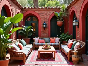 Bohemian Brick Courtyard - A vibrant bohemian patio with red brick walls, colorful textiles, moroccan lanterns, and mixed pattern cushions, surrounded by tropical plants and hanging baskets