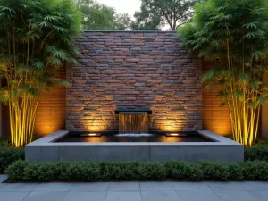 Brick Wall with Integrated Water Feature - A contemporary brick wall with a sleek waterfall feature, surrounded by bamboo plants and ambient lighting