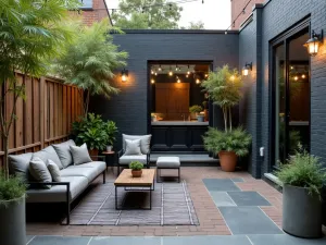 Charcoal Industrial Patio - An industrial-style patio with charcoal painted bricks, metal furniture, string lights, and structural bamboo plants in concrete planters