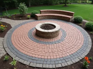 Circular Brick Patio Design with Fire Pit - A circular brick paver patio featuring a concentric pattern radiating from a central fire pit, with mixed red and charcoal bricks creating an artistic mandala effect