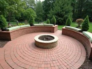 Circular Red Brick Patio Design - Circular red brick patio with radiating pattern, featuring a central fire pit, surrounded by curved built-in brick seating with sage green cushions and potted boxwoods