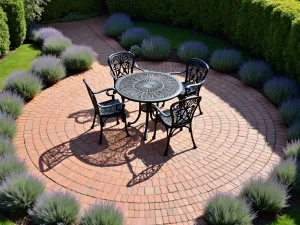 Circular Brick Patio with Mediterranean Garden Border - A perfectly round brick patio laid in a herringbone pattern, surrounded by lavender and rosemary plants, with a central wrought iron table and chairs, photographed from above in natural sunlight