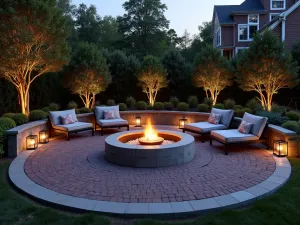 Circular Brick Patio with Modern Fire Bowl - A circular brick patio with herringbone pattern, featuring a sleek stainless steel fire bowl centerpiece, surrounded by modern outdoor loungers and ambient lighting, photographed at dusk