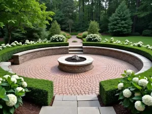 Circular Brick Patio Oasis - A raised circular brick patio with a sunburst pattern, featuring a central fire pit, surrounded by boxwood hedges and white hydrangeas, with stone steps leading up