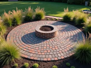 Circular Brick Patio Design - A circular brick patio with a radiating pattern using red and charcoal bricks, centered around a decorative fire pit, surrounded by ornamental grasses, photorealistic