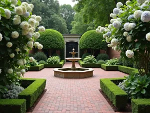 Classic Running Bond Brick Patio with Water Feature - An elegant running bond brick patio in traditional red tones, centered around a classical fountain, with boxwood hedges and climbing hydrangeas