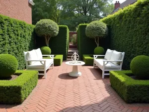 Classic Chevron Brick Design - A small formal brick patio laid in a chevron pattern, featuring boxwood hedges, a central sundial, and classic white garden furniture