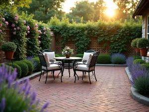 Classic Herringbone Red Brick Patio - Elegant herringbone pattern red brick patio with wrought iron furniture, surrounded by lavender borders and climbing roses on traditional lattice screens, shot during golden hour