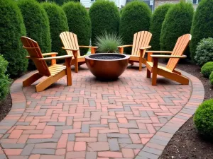 Classic Red Brick Patio with Copper Fire Bowl - Traditional red brick patio in basket weave pattern, featuring a large copper fire bowl, Adirondack chairs, and boxwood hedges along the perimeter