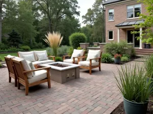 Coastal Brick Patio Haven - Beach-inspired brick patio with a natural gas fire pit, weathered teak furniture, and coastal ornamental grasses swaying in planters