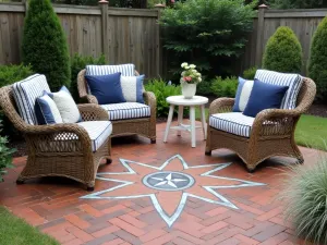 Coastal Brick Patio Retreat - Weathered red brick patio with sailor's star pattern inlay, navy and white striped cushions, rope details, and coastal ornamental grasses