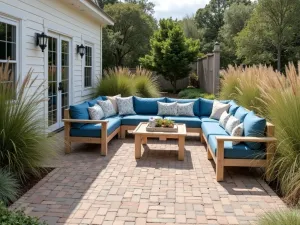 Coastal Brick Patio Design - A weathered brick patio in pale sandy tones, featuring nautical rope details, coastal grasses, and comfortable deep-seating furniture with blue cushions