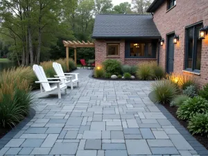 Coastal Brick Retreat - A beach-inspired brick patio with weathered blue-gray pavers, featuring Adirondack chairs, coastal grasses, and rope lighting details