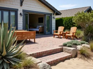 Coastal Brick Sanctuary - A weathered brick patio elevated above sandy surroundings, featuring nautical rope details, drought-resistant coastal plants, and weathered teak furniture