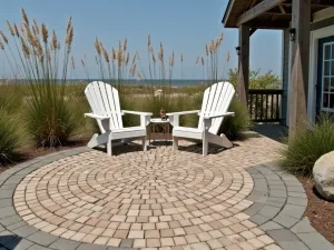 Coastal Round Brick Patio - Weathered brick circular patio in sandy tones, featuring nautical rope details, Adirondack chairs, and coastal grasses swaying in the breeze, beachy atmosphere