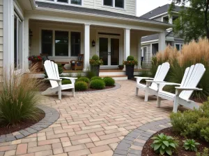 Coastal Style Brick Patio - A weathered brick patio in sandy tones, featuring adirondack chairs, coastal grasses, and weathered rope details, creating a beach house atmosphere