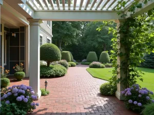 Colonial Brick Garden Patio - An elegant raised brick patio with a traditional running bond pattern, featuring white painted wooden pergola, climbing clematis, and classic boxwood parterres