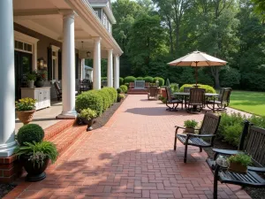 Colonial Brick Patio Design - A formal brick patio with a traditional running bond pattern in red brick, featuring white colonial pillars and classic outdoor furniture