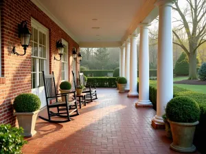 Colonial Red Brick Veranda - A classic colonial-style patio with red brick walls and flooring, white columns, traditional rocking chairs, and symmetrical boxwood planters, morning light