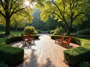 Colonial Style Round Brick Patio - Formal round brick patio with traditional running bond pattern, boxwood hedges, and classic wooden rocking chairs, afternoon light filtering through mature maple trees