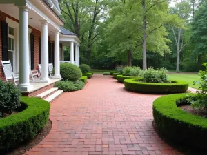 Colonial Style Brick Patio - Formal red brick patio with traditional running bond pattern, white colonial pillars, classic rocking chairs, and symmetrical boxwood parterres