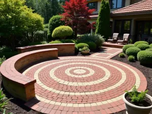 Concentric Circle Brick Patio Design - Round brick patio featuring concentric circles in alternating red and buff colored bricks, with built-in curved bench seating and potted Japanese maples, architectural photography style