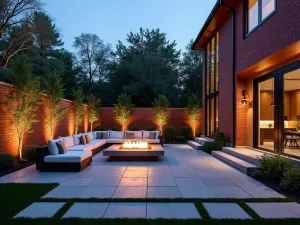 Contemporary Brick Fire Pit Patio - A modern patio design with red brick walls, built-in fire pit, contemporary sectional seating, and architectural plantings, evening atmosphere with mood lighting