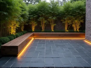 Contemporary Brick Platform - A minimalist raised brick patio with dark charcoal pavers, featuring floating wooden benches and LED strip lighting underneath, surrounded by tall ornamental bamboo