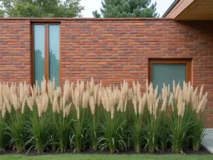 Contemporary Brick Privacy Screen - A modern brick wall with alternating open sections filled with frosted glass panels, surrounded by tall ornamental grasses