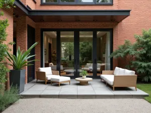 Contemporary Garden Room Patio - A sophisticated indoor-outdoor patio with red brick walls, large glass doors, modern furniture, and architectural plants in contemporary containers