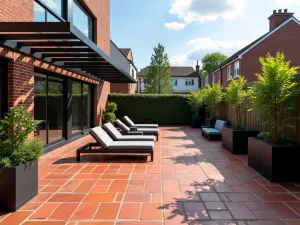 Contemporary Geometric Brick Design - Modern red brick patio with bold geometric pattern, steel pergola, contemporary lounge furniture, and architectural plants in black planters