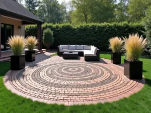 Contemporary Mandala Patio Design - Modern round brick patio featuring a mandala pattern in contrasting brick colors, minimalist outdoor sectional, and architectural grasses in black planters