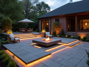 Contemporary Mixed-Material Brick Patio - Modern brick and concrete patio design with a square fire pit table, featuring geometric patterns and LED strip lighting in steps