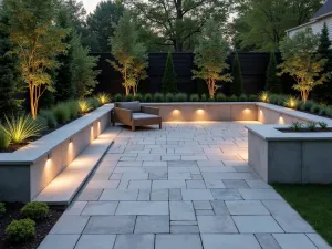 Contemporary Mixed Material Brick Patio - A modern patio combining sleek gray brick pavers with concrete sections, featuring built-in benches, LED lighting, and architectural plants