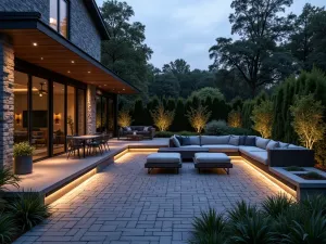 Contemporary Running Bond Brick Patio - A sleek running bond pattern brick patio in charcoal gray, featuring built-in LED lighting and modern sectional seating, evening atmosphere