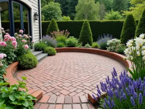 Cottage Garden Brick Haven - A whimsical raised brick patio with antique rose-colored pavers, surrounded by overflowing English garden borders with delphiniums, roses, and lavender